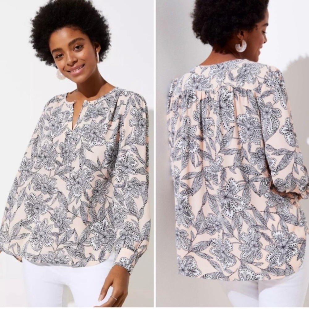 LOFT Blush Pink and Black Floral Blouse